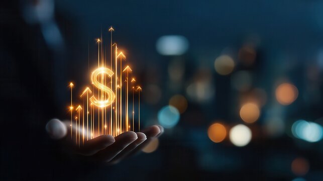 Glowing Financial Growth Symbol in a Modern Cityscape Highlighting Economic Success - Powered by Adobe
