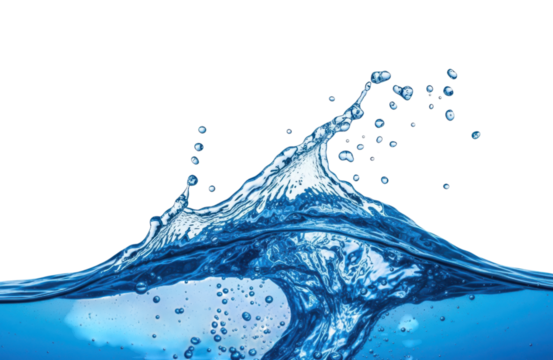 An impressive water splash creates a dynamic wave, showcasing the power and beauty of liquid in motion, with droplets suspended in air against a white backdrop isolated on transparent background