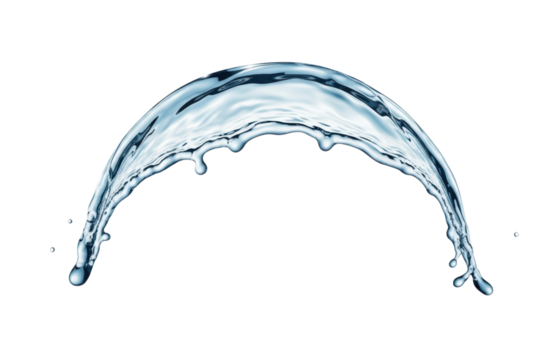 Elegant arc of water frozen in time, showcasing its smooth texture and dynamic form against a white backdrop, isolated on transparent background, perfect for conveying purity and refreshment