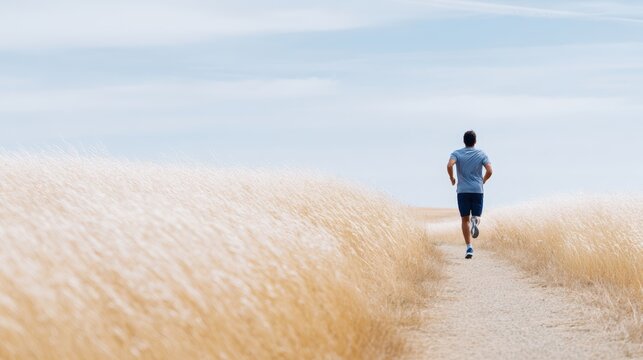 Male jogger in gray athletic wear runs along a dirt path surrounded by tall grass under a clear blue sky, embodying fitness and outdoor activity with freedom