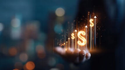 Growing Financial Success Represented by Glowing Charts Against a Blurred Urban Backdrop