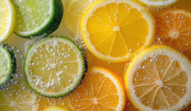 A close up of citrus slices submerged in sparkling water with bubbles around them showing vibrant colors of oranges lemons limes and other citrus fruits.