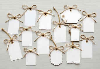 A collection of blank paper tags with twine bows, arranged on a light wooden surface, offering a versatile and customizable template for labeling and crafting projects
