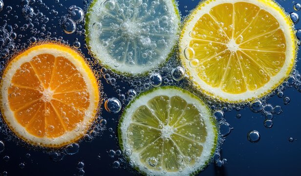 A vibrant photograph of fresh lemon orange and lime slices submerged in sparkling water with bubbles floating around them against a dark blue background.