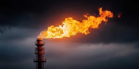 Industrial flare stack burning gas at night highlights environmental impact, energy production, and industrial safety concerns
