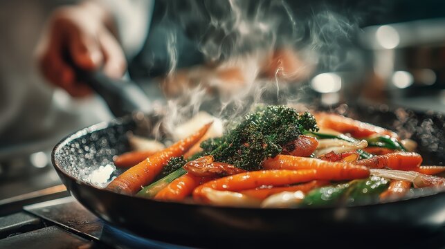 Professional female chef prepares healthy vegetable stir-fry in modern kitchen, highlighting culinary expertise and fresh ingredients for cooking and food industry marketing