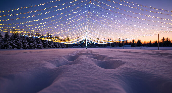 Low-angle shot of snowy landscape with light strings above. The winter scene evokes celebration, festivity, and cold atmosphere, with sunset in background