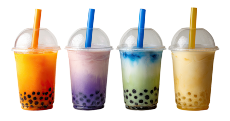 Four colorful bubble tea drinks in clear plastic cups
