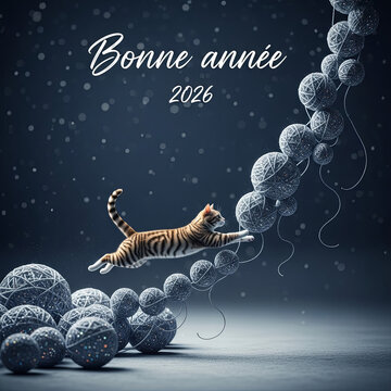 Chat tigr&eacute; bondissant au coeur d&rsquo;un paysage hivernal f&eacute;erique avec pelotes de laine et voeux de nouvelle ann&eacute;e enneig&eacute;e

