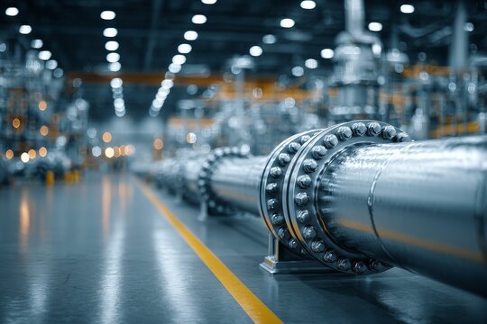 Industrial gas pipeline segment in warehouse highlights energy infrastructure, manufacturing, and engineering context