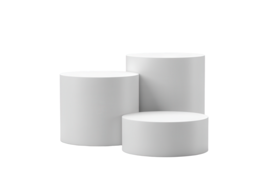 Three white cylinder podiums simple product display stands for showcasing merchandise on Transparent Background