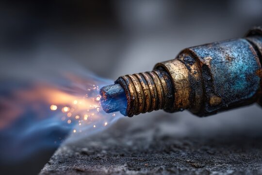 Industrial gas torch with blue flame and sparks symbolizes manufacturing, repair, and metalworking in engineering and industrial settings