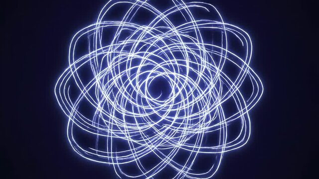 Abstract Atomic Energy: Intricate luminous lines intertwine, forming an abstract representation of energy and atomic structure against a deep, dark backdrop.