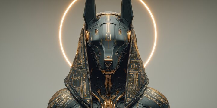 Matte black android with gold Egyptian hieroglyphics and glowing halo evokes fusion of ancient culture and futuristic technology in minimalistic design
