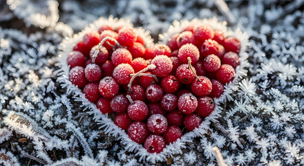Heart made of red berries covered in frost on icy winter ground.