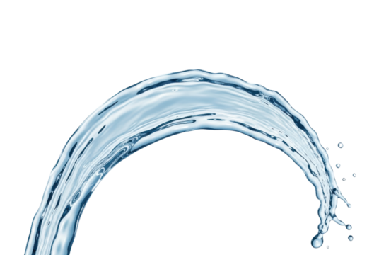 Elegant arc of water frozen in time, showcasing its smooth texture and dynamic form against a white backdrop, isolated on transparent background, perfect for conveying purity and refreshment