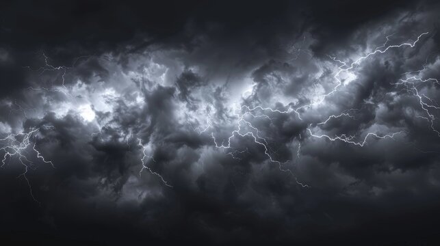 Dark storm clouds roiling with lightning, dramatic panoramic sky with backlit silver linings, low-hanging cumulonimbus formations, intermittent flashes