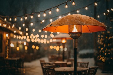 Winter outdoor patio with snow-covered umbrella, glowing gas heater, and string lights creates cozy evening ambiance for social gatherings or hospitality venues