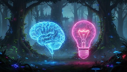 A glowing brain and lightbulb stand out in a dark forest, symbolizing creative ideas and intelligence