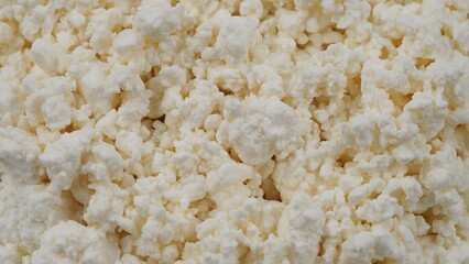 Closeup texture of fresh cottage cheese curds. Background with soft white lumps, healthy nutrition and natural protein food concept. Probiotic cold fermented dairy ptoduct, tasty breakfast ads