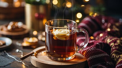 Steaming mug of hot buttered rum or dark tea with a melting pat of butter