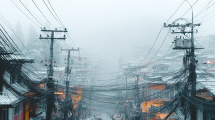 Dense urban infrastructure with tangled electrical wires and poles in foggy weather, highlighting city challenges and atmospheric mood