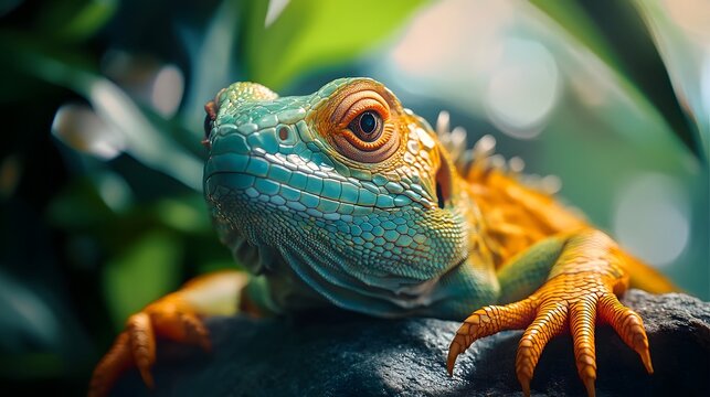 Close-up of a colorful green and orange iguana on a rock Photo