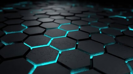 Naklejka premium Abstract dark hexagonal pattern with glowing blue light, a futuristic technology background