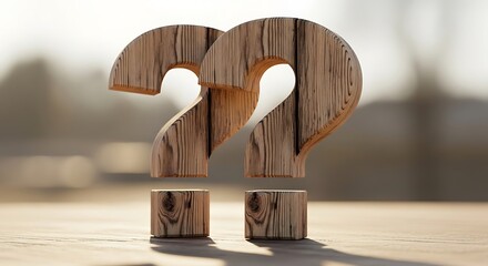Wooden 2 question marks on a table representing uncertainty, confusion, or seeking answers in a natural setting