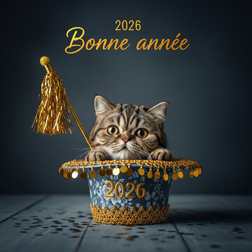 Stock-Foto „Chat mignon caché dans un chapeau de fête doré souhaite la bonne  année 2026 avec ambiance festive et décorations élégantes “ | Adobe Stock