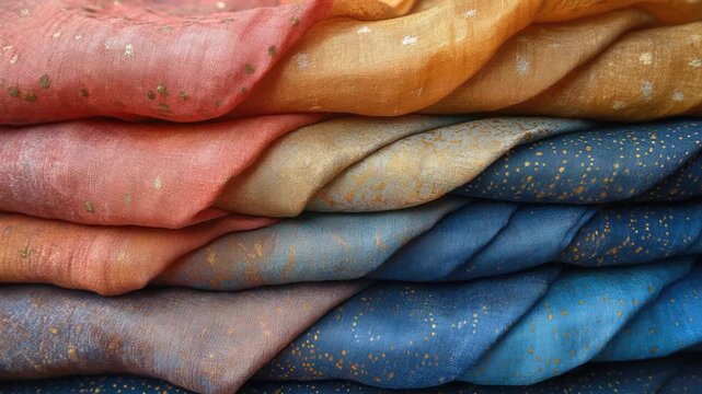 A close-up view of a stack of colorful fabrics, ideal for fashion or textile-related projects