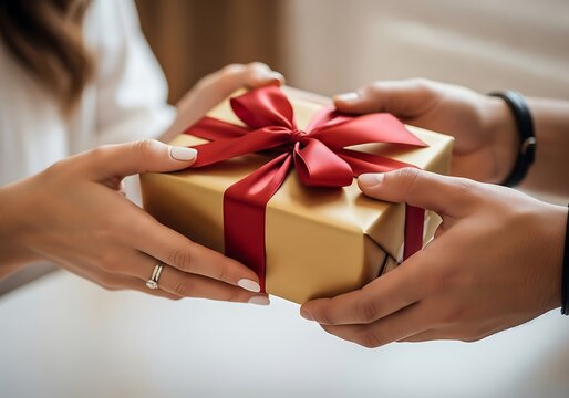 Closeup of a persons hands gently offering a beautifully wrapped gift, adorned with a vibrant red ribbon, symbolizing love, appreciation, and the joy of giving during a special occasion