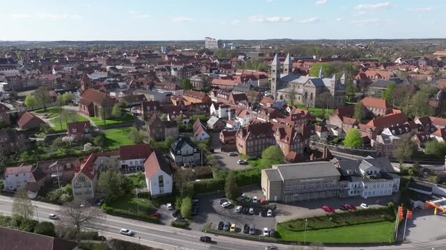 Summer panorama of Viborg, Midtjylland, Denmark. Aerial skyline view of the old town. Viborg ancient cathedral in the middle of Denmark, Traditional danish architecture. Street in Viborg, 