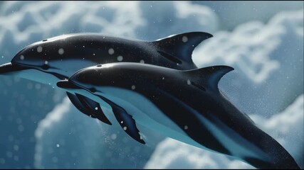 Hourglass Dolphin and Calf swimming close to the antarctic shelf.