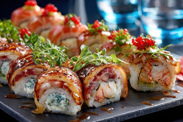 Delicious Sushi Rolls with Various Toppings on Slate