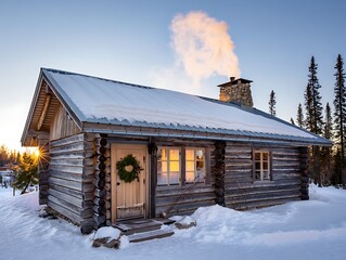 Cozy cabin in winter landscape