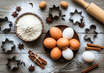 Overhead shot showcasing the preparation of christmas cookies, featuring flour, eggs, cookie cutters, cinnamon sticks, and star anise on a rustic wooden table dusted with flour