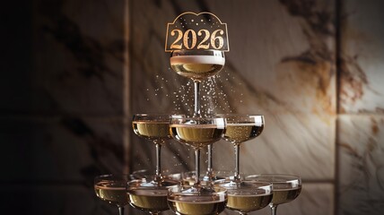Towering pyramid of champagne coupe glasses with bubbly overflow and a New Year sign