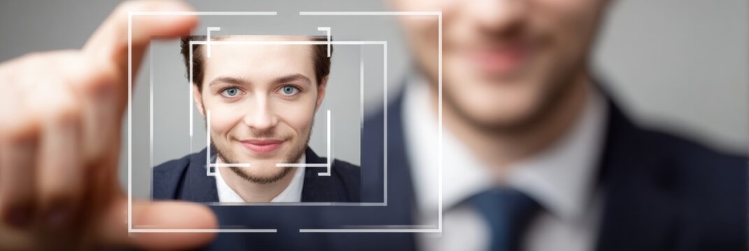 Young Man Framing His Own Portrait While Smiling in a Formal Suit Against a Neutral Background