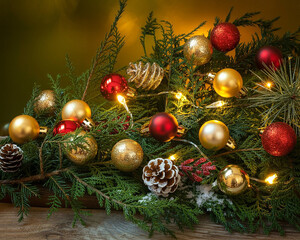 Festive Christmas still life composition with red and gold ornaments pine cones and fairy lights on evergreen branches