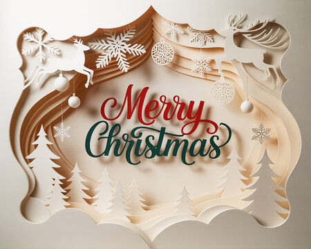 Layered paper cut art composition with Merry Christmas text and winter scene paper art