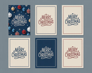Six Merry Christmas greeting card designs with festive ornaments and typography holiday