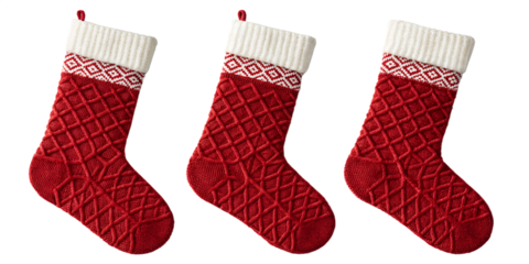 Three Christmas Stocking Icons – Festive Red and White Holiday Sock Set on White Background