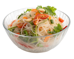 Portion of Yum Woon Sen glass noodle salad in a clear glass bowl, realistic food photography