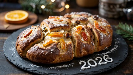 Traditional German stollen bread with candied fruit and 2026 written in icing