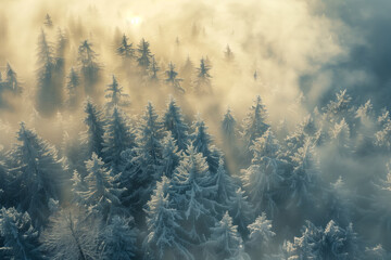 Fototapeta premium aerial view of serene winter forest with fog and hoarfrost