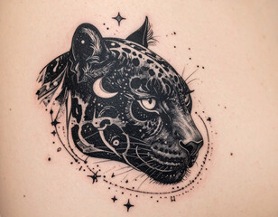 Stylized leopard head tattoo with celestial moon details, clean black ink lines and decorative dotwork elements.