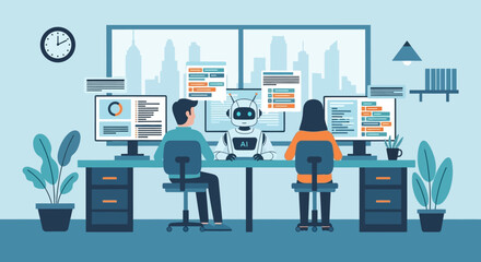 Illustration of two office workers sitting at a desk with multiple computers and screens in a modern office setting with a cityscape background.