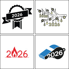 Four creative 2026 logo designs featuring a ribbon, branch, flame, and whistle isolated on white background