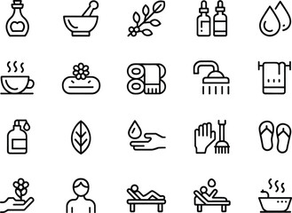 Minimalist Spa and Wellness Line Icons – 20 Thin Outline Symbols of Essential Oils, Massage, Relaxation, Aromatherapy, Bath, Towels, Skincare and Self-Care